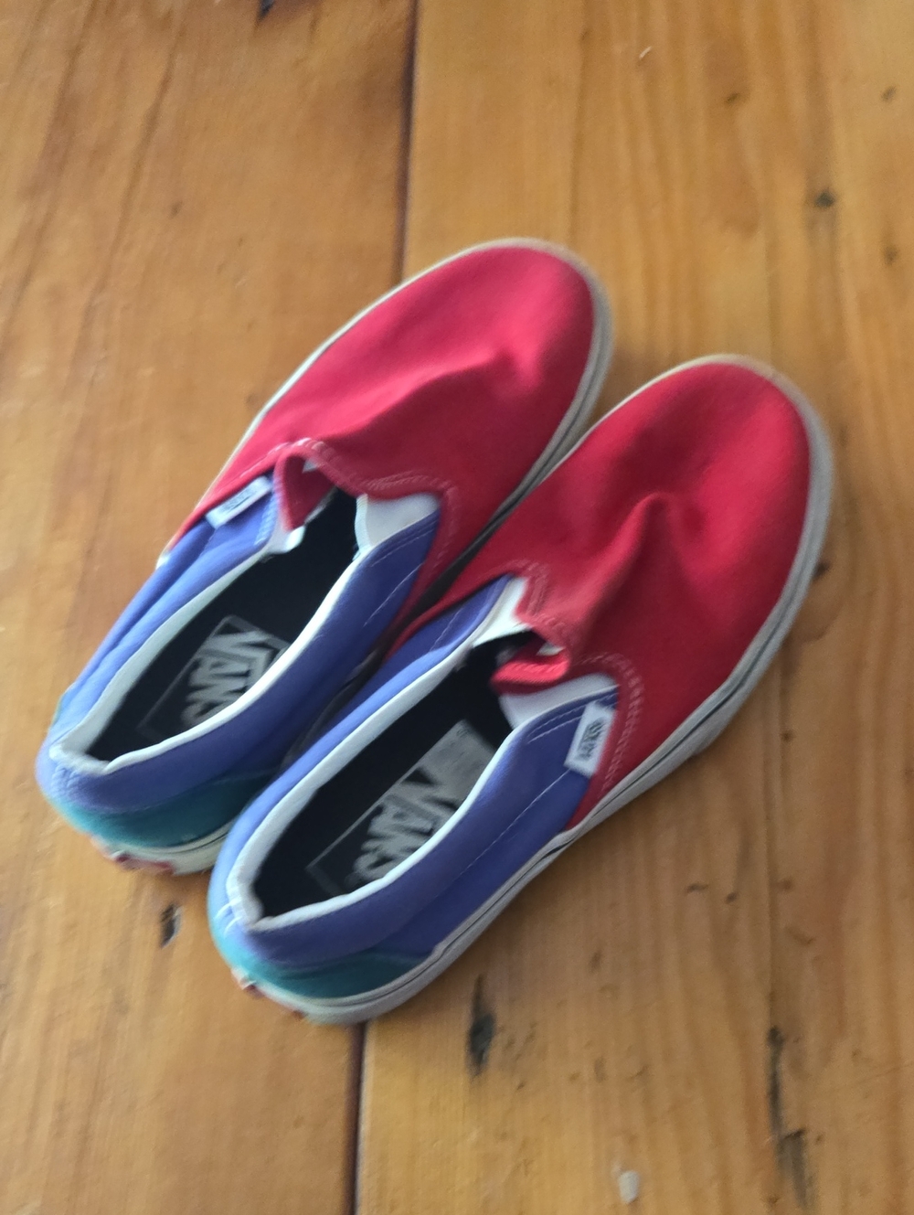 Vans Sz 6.5 Slip-On Canvas Sneakers - Red, Purple & Green